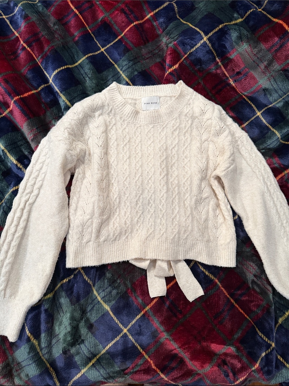 Cream Cable-Knit Tie-Back Crew Sweater